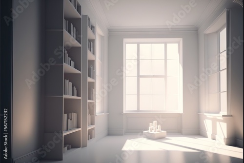  a room with a book shelf and a candle in the middle of the room with the sun coming through the window and the bookshelves on the wall.  generative ai