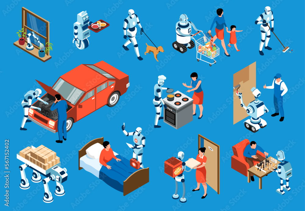 Isometric Robot Assistant Isolated Icon Set