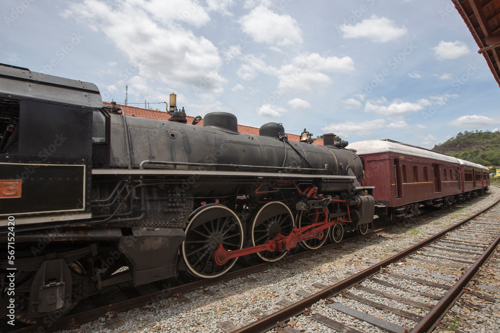 Naklejka premium Old steam train on a tourist walk. Guararema, Sao Paulo state, Brazil