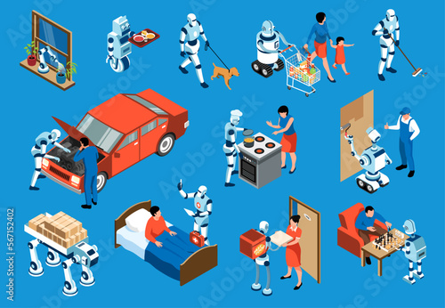 Isometric Robot Assistant Isolated Icon Set
