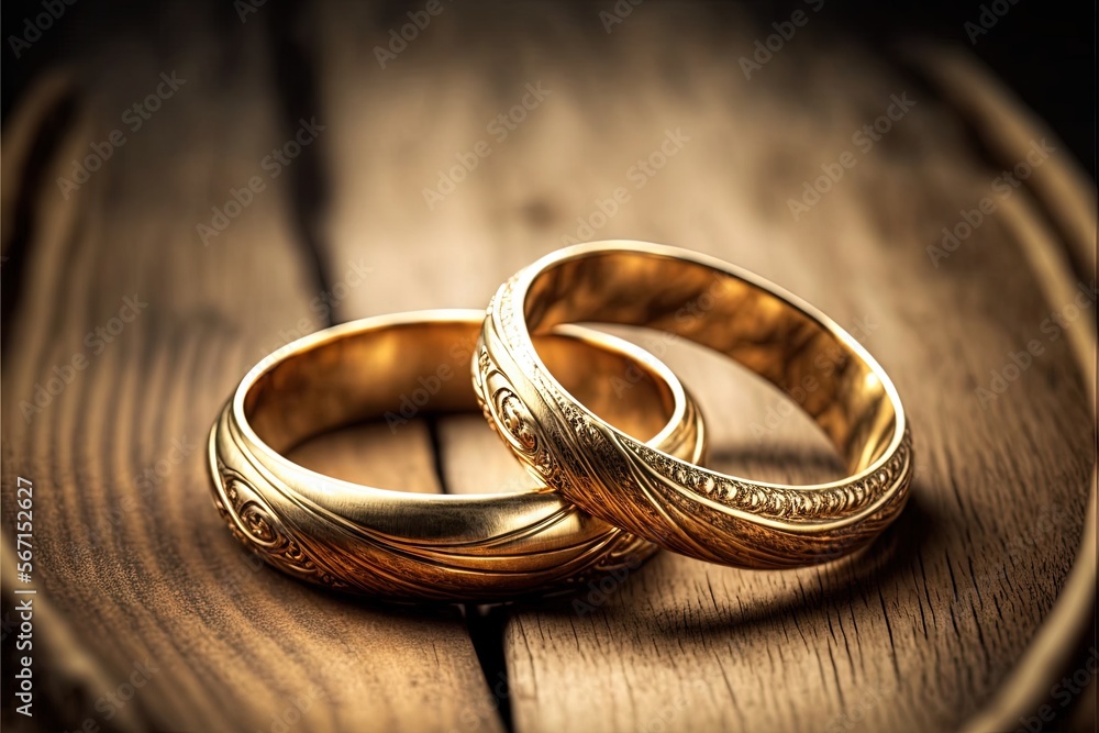 two gold wedding rings sitting on top of a wooden table next to each other on top of a wooden table with a wooden surface in the background. generative ai two gold wedding rings sitting on top of a wooden table next to each other on top of a wooden table with a wooden surface in the background. generative ai