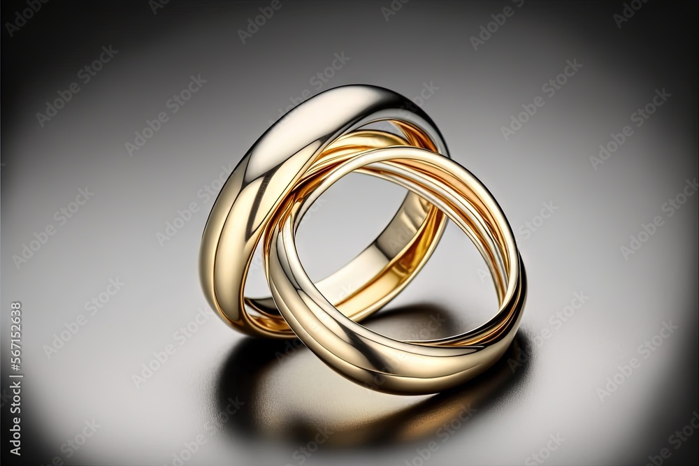 two gold wedding rings on a reflective surface with a reflection of the ring on the ground in front of the ring is a reflection of the light. generative ai two gold wedding rings on a reflective surface with a reflection of the ring on the ground in front of the ring is a reflection of the light. generative ai