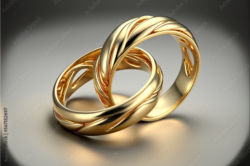 two gold wedding rings on a gray background with a reflection of the ring on the ground and the ring on the ground with a reflection of the ring on the floor. generative ai two gold wedding rings on a gray background with a reflection of the ring on the ground and the ring on the ground with a reflection of the ring on the floor. generative ai