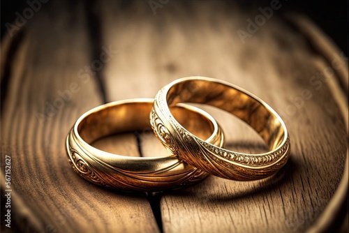  two gold wedding rings sitting on top of a wooden table next to each other on top of a wooden table with a wooden surface in the background.  generative ai
