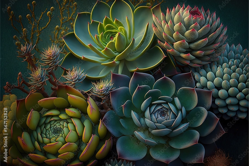 a painting of a bunch of succulents on a black background with green and red leaves on the top and bottom of the picture. generative ai a painting of a bunch of succulents on a black background with green and red leaves on the top and bottom of the picture. generative ai