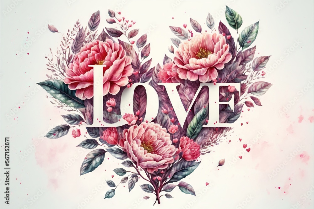 the word love written in a heart shape with pink flowers and leaves on ...