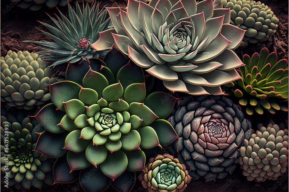 a painting of a variety of succulents in a garden of green and pink colors, with a red center surrounded by smaller succulents. generative ai a painting of a variety of succulents in a garden of green and pink colors, with a red center surrounded by smaller succulents. generative ai