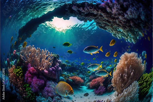 a group of fish swimming around a coral reef in a blue ocean with sunlight coming through the water s arch and a coral reef in the foreground.  generative ai