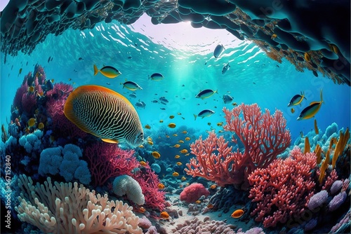 a painting of a coral reef with a large fish swimming in the water near the corals and corals on the bottom of the water Fototapeta