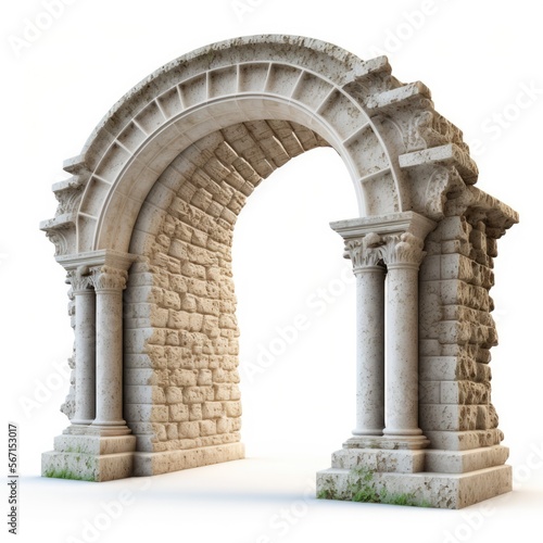 Foto Ancient ruins of a decorative stone archway with walkthrough door portal isolate