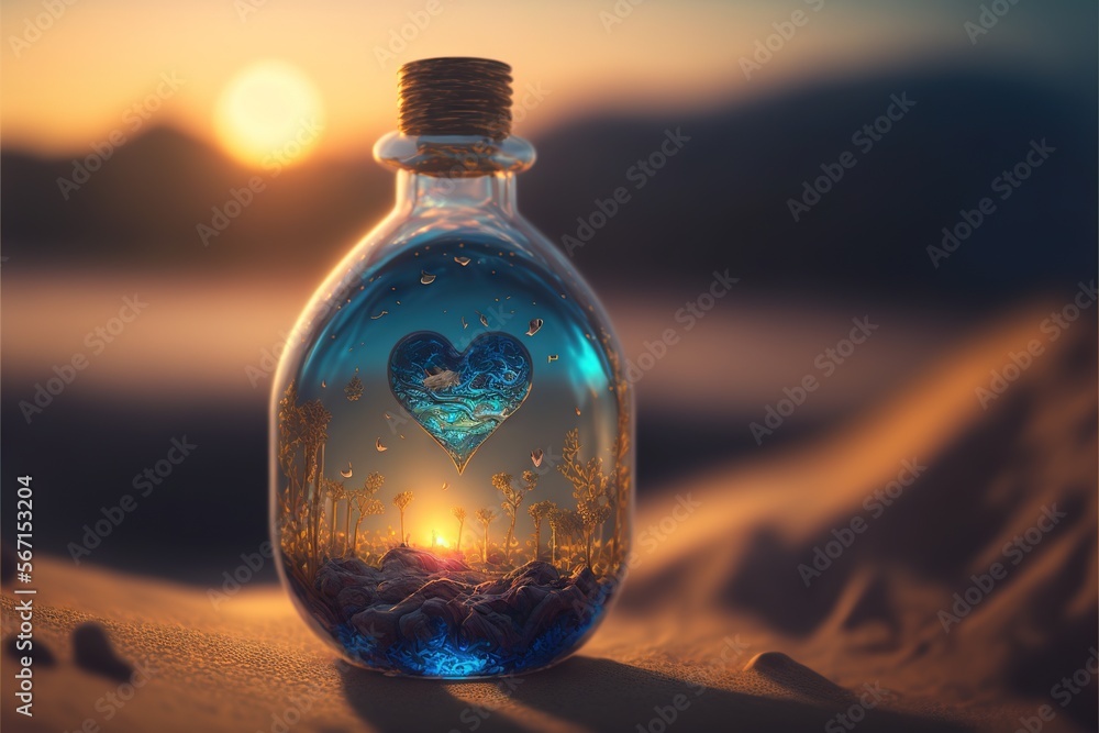 a bottle with a heart inside of it on a sandy surface with a sunset in the background and a beach in the middle of the bottle. generative ai a bottle with a heart inside of it on a sandy surface with a sunset in the background and a beach in the middle of the bottle. generative ai