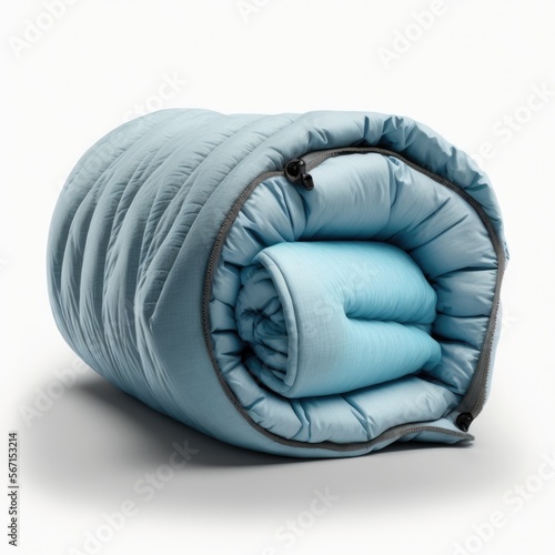 Folded rolled up camping sleeping bag with waterproof lining and insulated pad isolated on a white background, generative ai photo