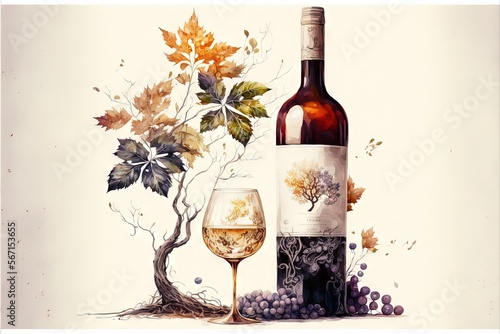 a painting of a bottle of wine and a glass of wine next to a tree with leaves and a branch of a tree with leaves.  generative ai