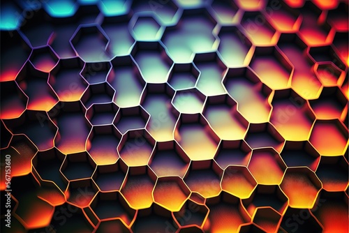  a close up of a pattern made of hexagonal shapes with a rainbow light in the center of the image and a black background.  generative ai