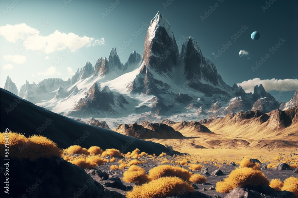  a computer generated image of a mountain range with yellow plants in the foreground and a distant mountain range in the background with a blue sky.  generative ai
