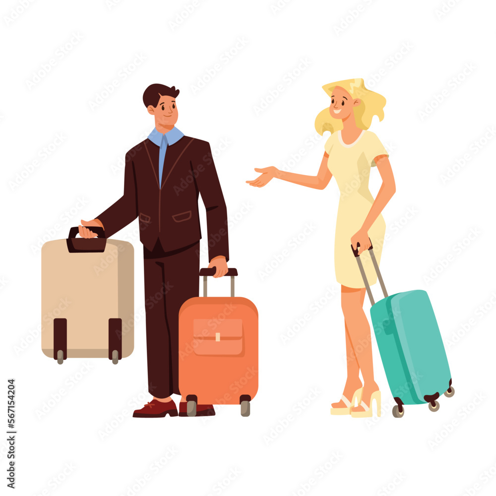 Smiling Man Bellman or Porter Carrying Luggage Helping Woman Customer Vector Illustration Smiling Man Bellman or Porter Carrying Luggage Helping Woman Customer Vector Illustration