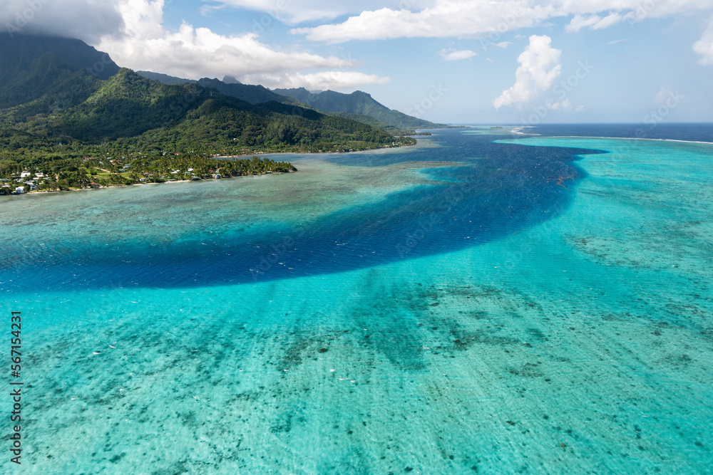 Aerial view of a Moorea lagoon in French Polynesia