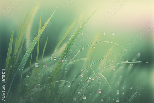 Background with green grass and water drops. AI generated image.