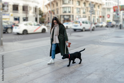 Young woman walking with the dog