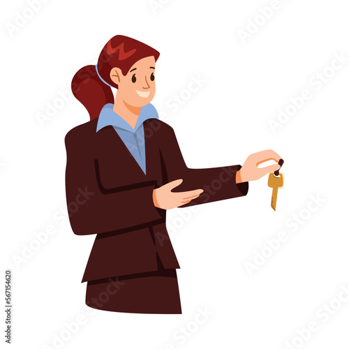 Young Woman Receptionist Serving Client Giving Key Vector Illustration
