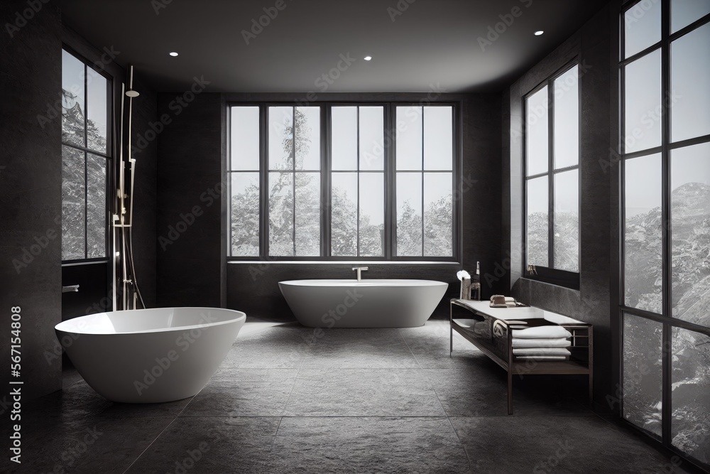 Luxury bathroom with marble. Modern interior hotel or home design with clean and elegance space. Natural lighting window. Generative AI illustration Luxury bathroom with marble. Modern interior hotel or home design with clean and elegance space. Natural lighting window. Generative AI illustration
