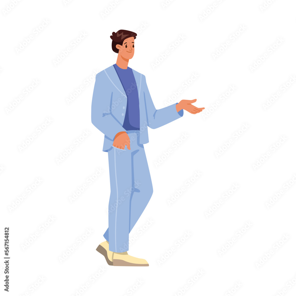 Young Man Standing and Gesture His Hand Talking to Someone Vector Illustration Young Man Standing and Gesture His Hand Talking to Someone Vector Illustration