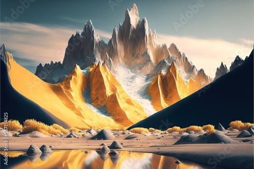  a painting of a mountain range with a lake in the foreground and a reflection of the mountain range in the water in the foreground.  generative ai