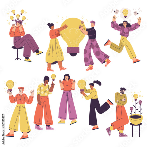 Ideas with Man and Woman with Yellow Light Bulb Finding Solution Vector Set