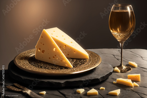 Two cheese slices displayed on mini dish, glass of white wine, AI generated illustration photo