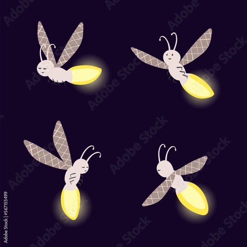 Firefly set. Vector illustration of cartoon beetle. Funny bugs
