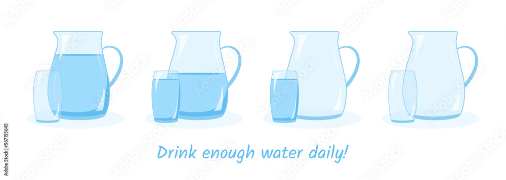 Water balance concept. Set of 4 pictures. A jug and a glass of water. The concept of drinking enough water throughout the day. Illustration in a flat style.