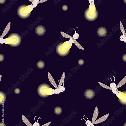 Seamless cartoon firefly pattern. Childish fairy vector illustration
