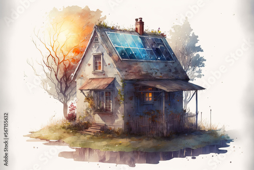 old little house with solar panles in the style of aquarelle, ai generated photo