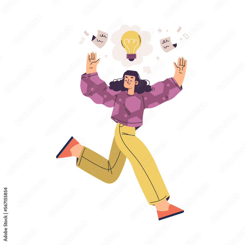 Fototapeta premium Idea with Woman with Yellow Light Bulb Jumping with Joy Vector Illustration