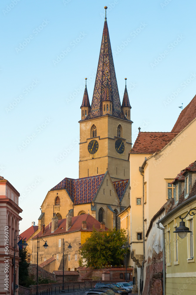 View of impressive Sibiu Lutheran Cathedral, Romania