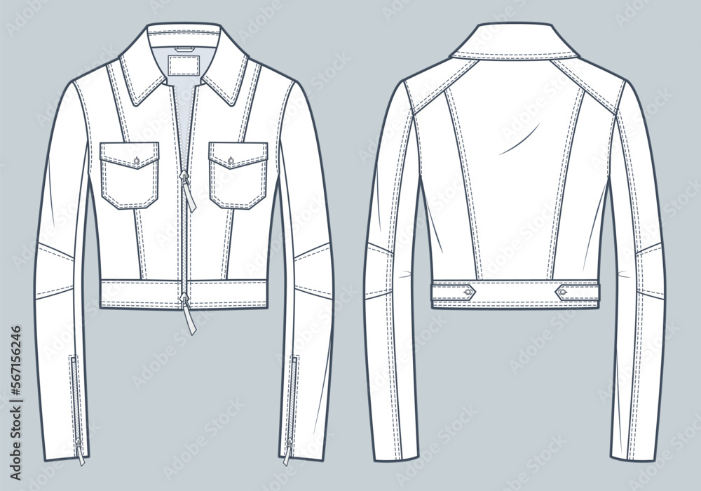 Leather Crop Jacket technical fashion illusrtation. Biker Jacket ...