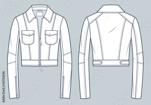 Leather Crop Jacket technical fashion illusrtation. Biker Jacket fashion flat technical drawing template, zip-up, pockets, slim fit, front and back view, white color, women, men, unisex CAD mockup.