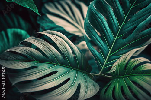 Monstera deliciosa leaves in the jungle, vintage color tone, tropical nature background. Generative AI.