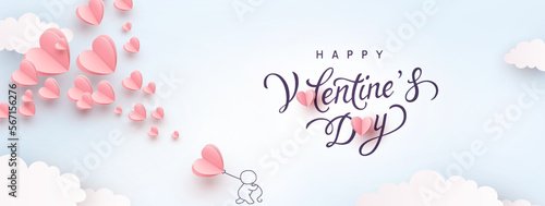 Valentine's Day postcard with paper balloon and man on sky background. Romantic poster. Vector symbols of love in shape of heart for greeting card design