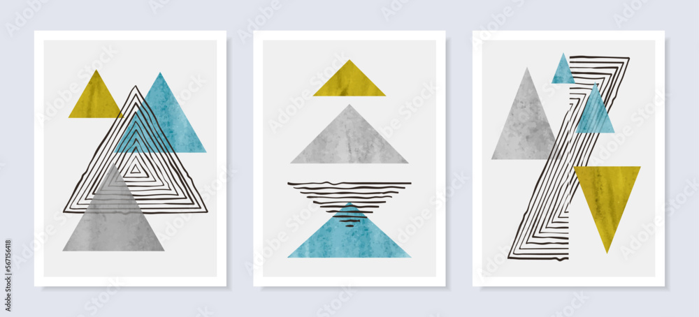 Minimal abstract geometric wall art vector set. Trendy posters with triangles Minimal abstract geometric wall art vector set. Trendy posters with triangles