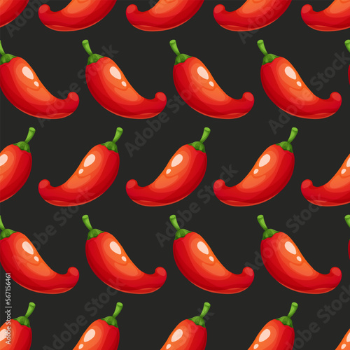 Seamless pattern with cartoon red peppers on dark black background. Vegetable Collection