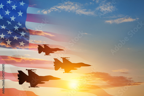 Air Force Day. Aircraft silhouettes on background of sunset with a transparent American flag.