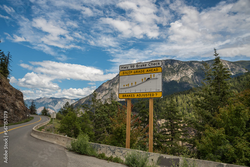 Traffic road sign warning for a steep grade ahaid on highway 99 in  British Columbia, Canada photo