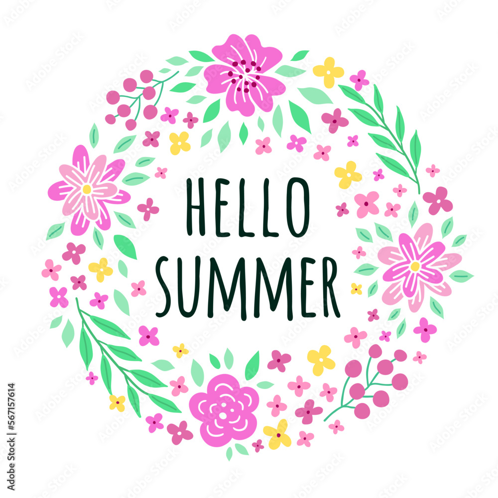 Hello summer phrase on the square card. Floral colourful ornamental banner with flowers, leaves, branches pattern. Brochure design shades of pink, yellow and green. EPS 10 vector illustration.
