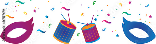 Tambores, confeti y antifaz carnaval. Icono vector