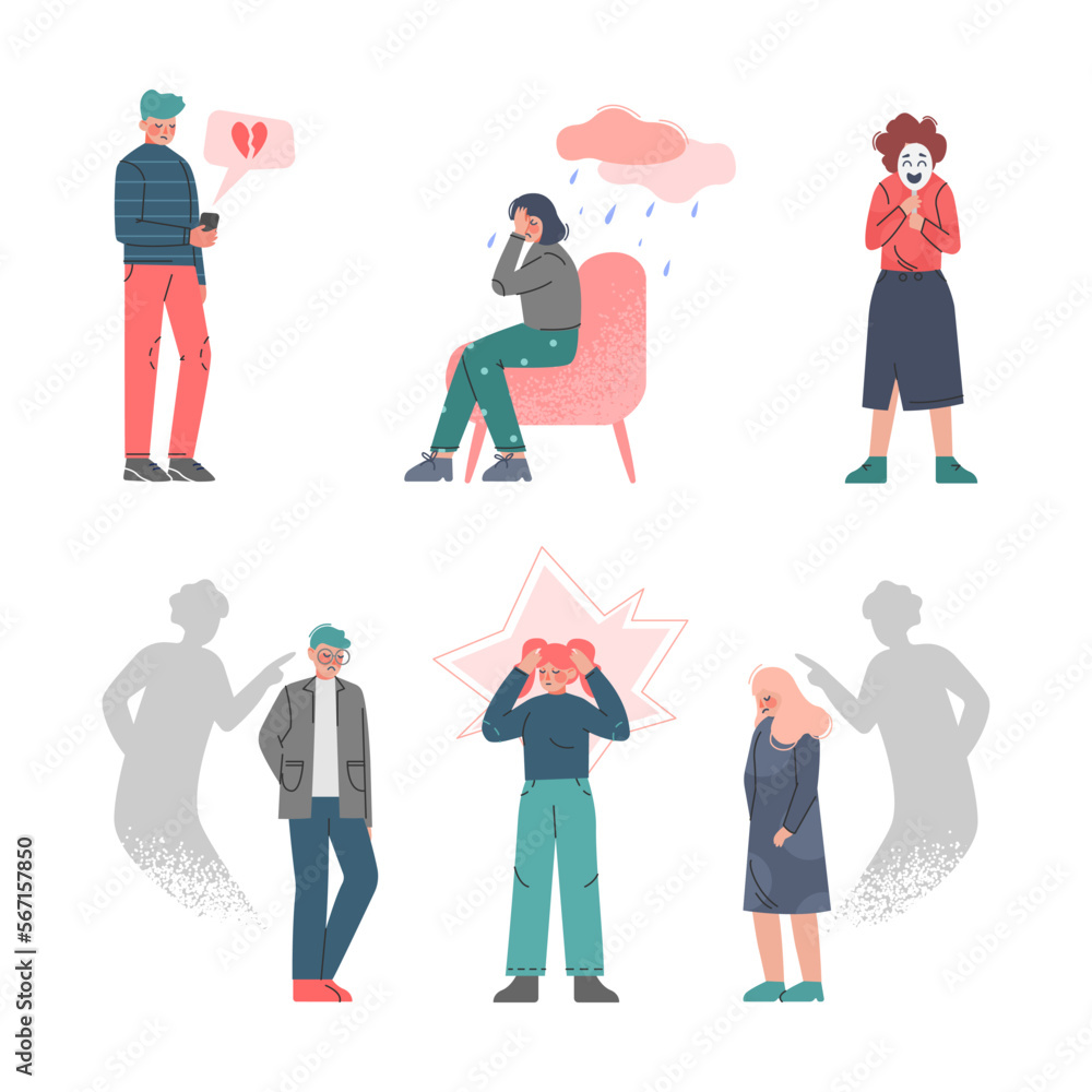 Boy and Girl Teenagers Suffering from Psychological Problems and Mental Disorder Vector Set