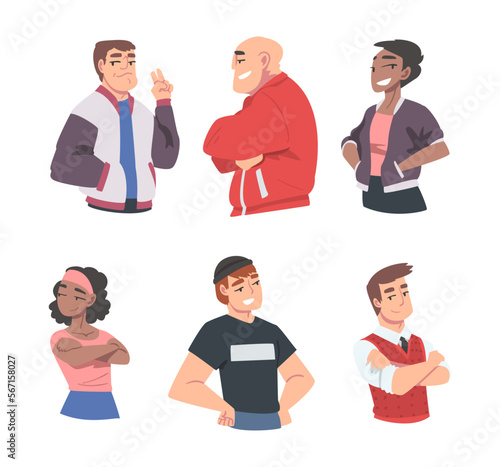 Confident Young Man and Woman Standing with Hands on Hips and Folded Arms Expressing Self Pride Vector Set