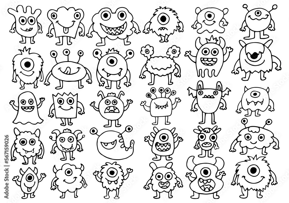 Big monsters set collection. Cute different aliens in doodle style. Vector illustration