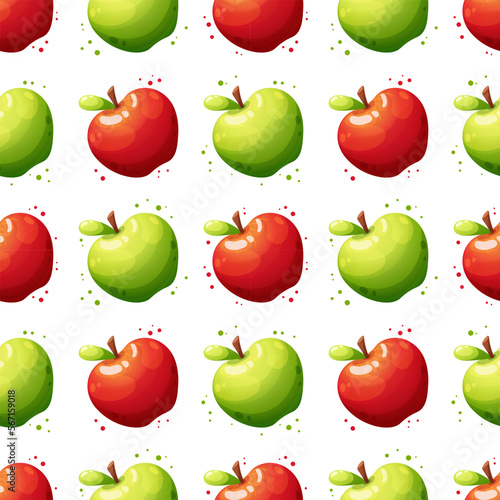 Seamless pattern with juicy green and red apple on light white background, summer pattern with fruit