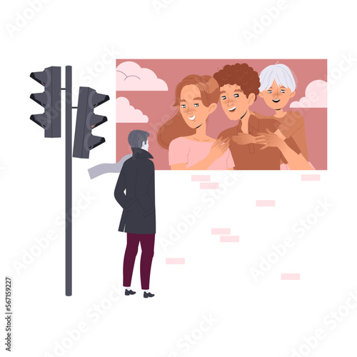 Loneliness with Lonely Man Character Standing on Traffic Light Having Flashback Vector Illustration